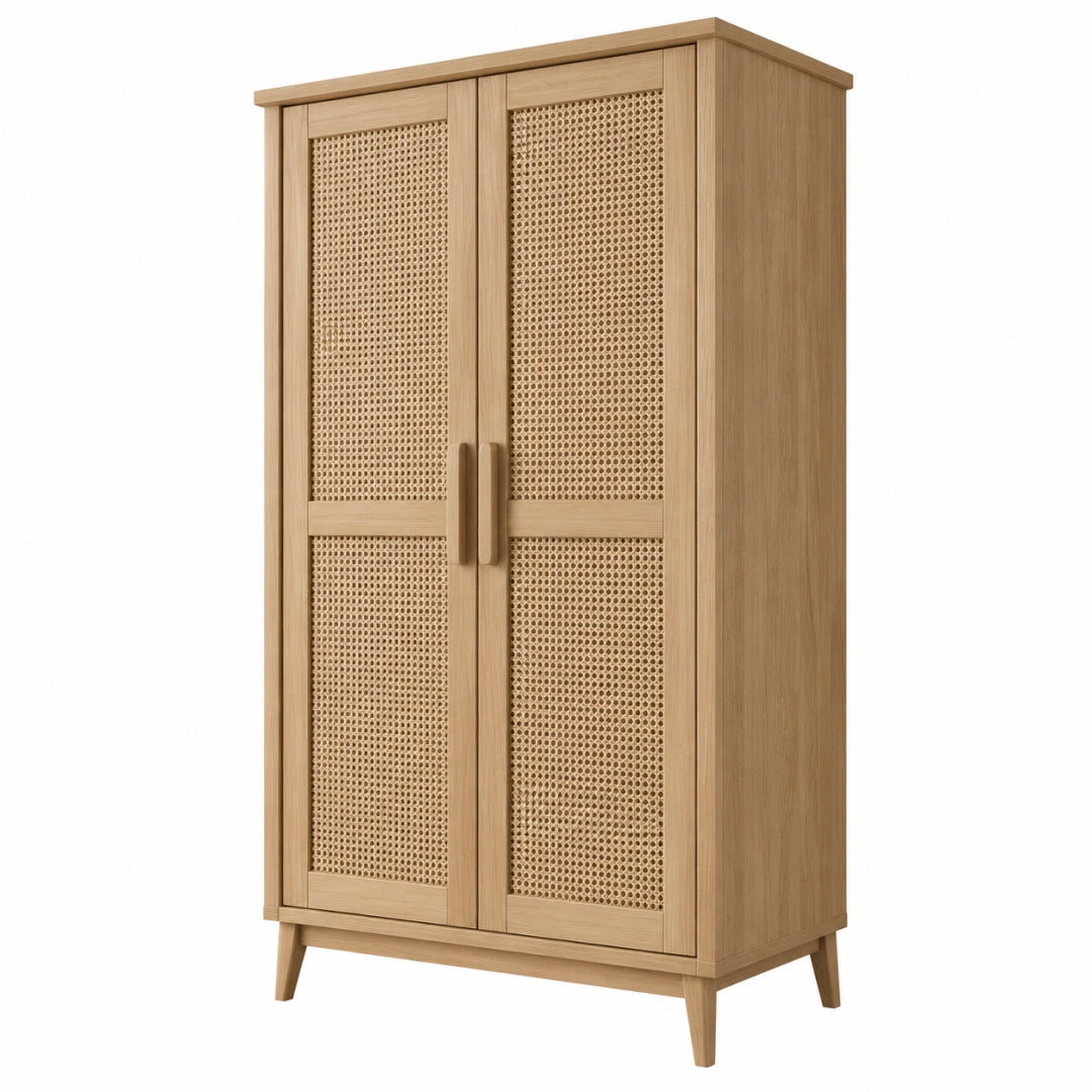 Armoire 100 x 55 x 190 cm en bois beige avec portes en cannage style naturel - Trandorix