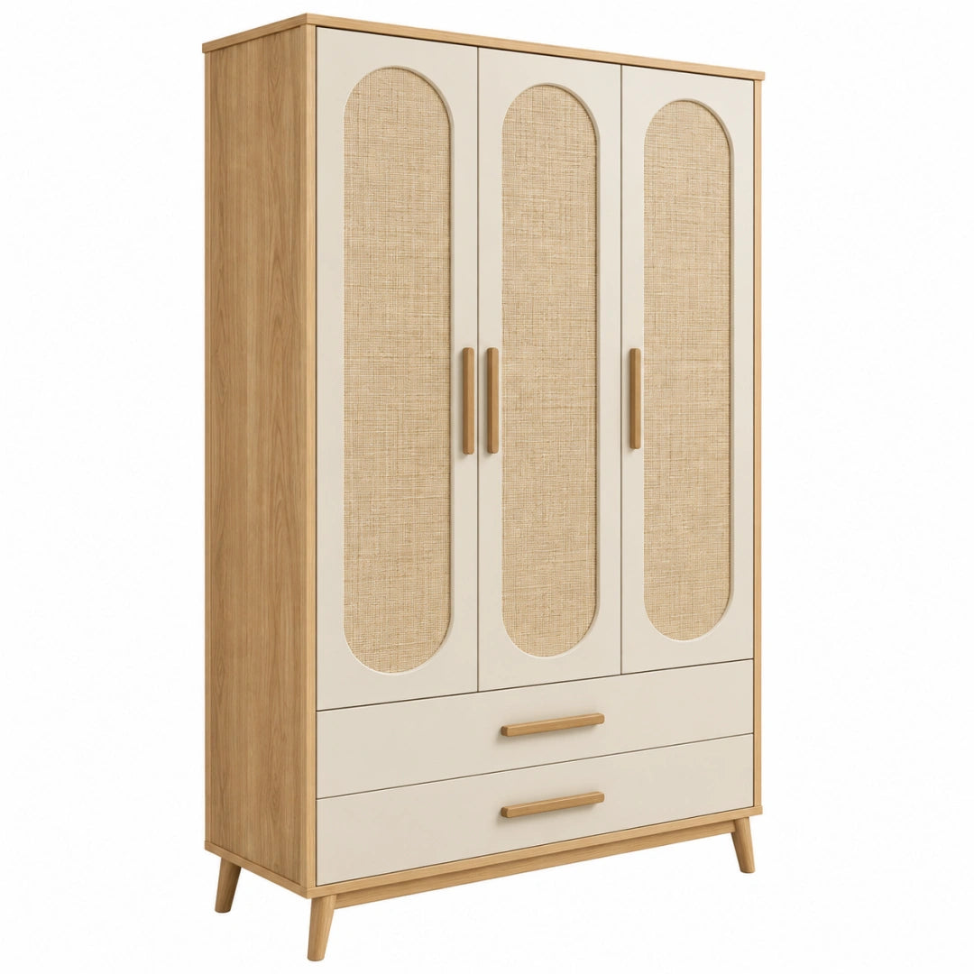 Armoire 120 x 50 x 180 cm en bois beige et naturel avec panneaux effet cannage style bohème - Trandorix