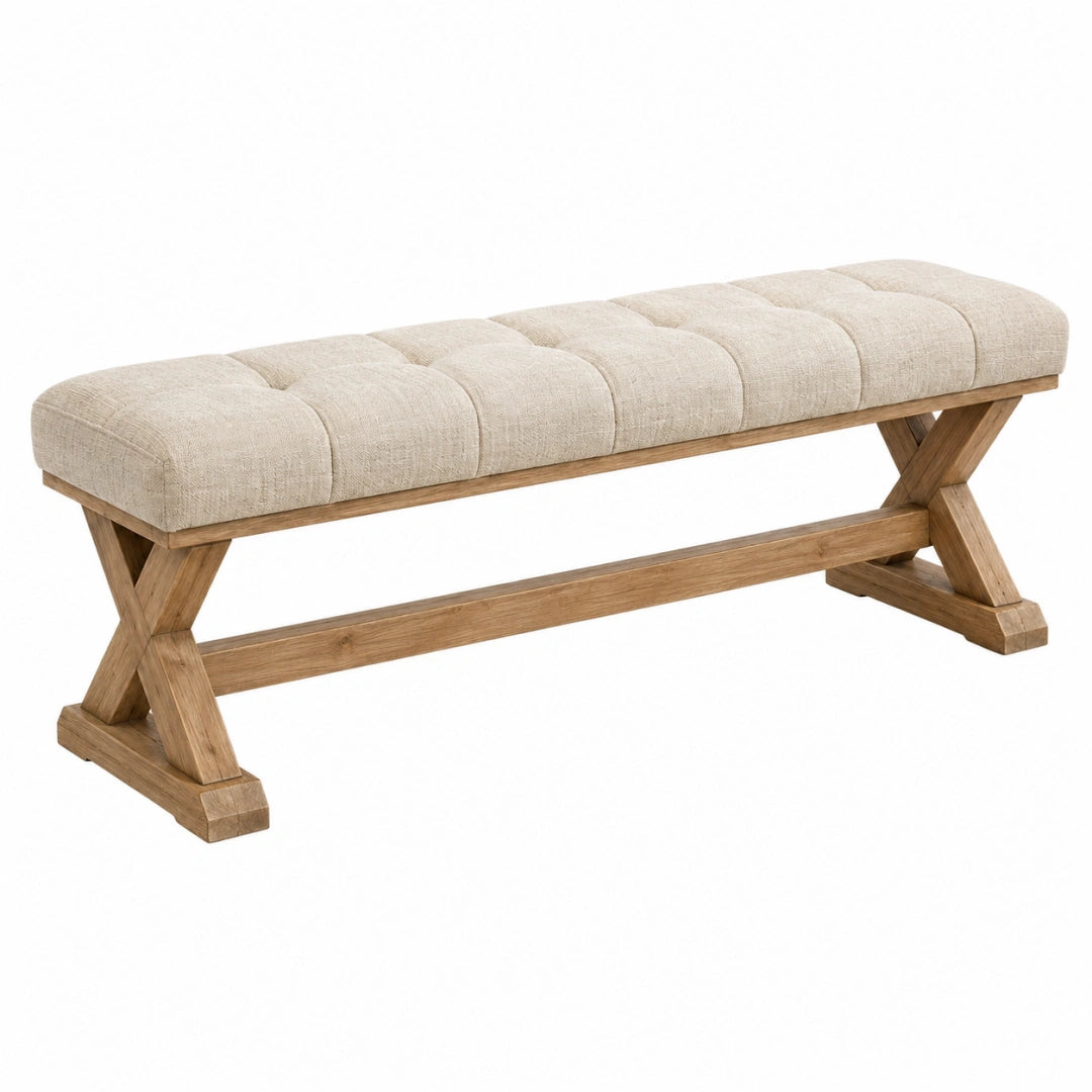 Banc 150 cm en bois brun et tissu beige style rustique capitonné - Trandorix