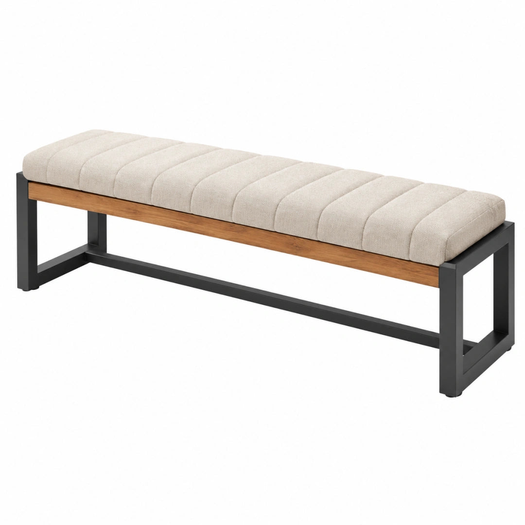 Banc 150 x 40 x 46 cm en tissu beige bois et métal style industriel - Trandorix