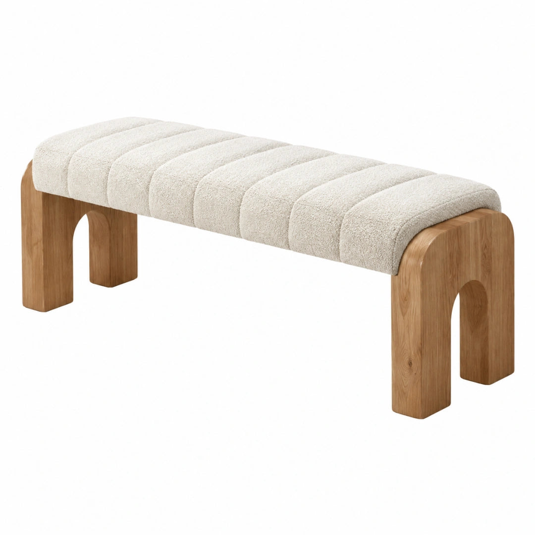 Banc 120 x 45 x 45 cm en bois et tissu bouclette écru style contemporain - Trandorix