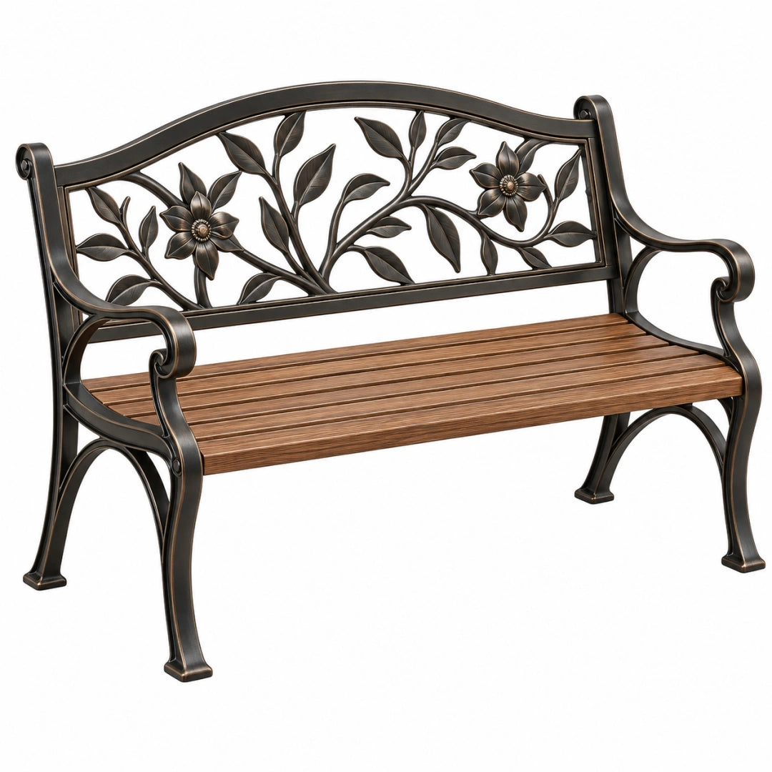 Banc de jardin 120 x 60 x 90 cm en métal et bois marron style floral - Trandorix