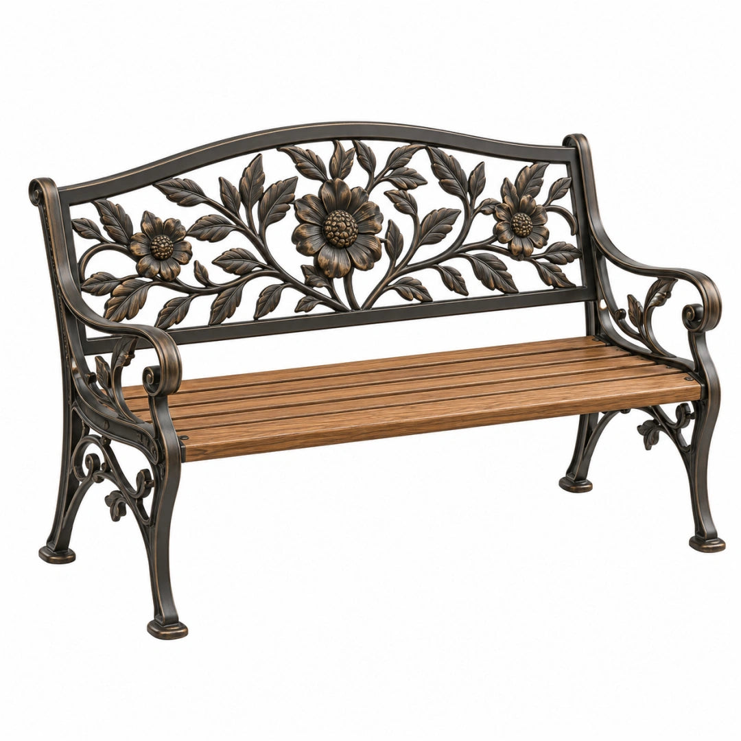 Banc de jardin 120 cm en métal noir et bois style floral - Trandorix