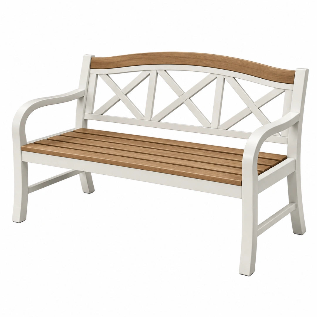 Banc de jardin 120 x 60 x 88 cm en bois blanc et naturel à dossier croisé - Trandorix