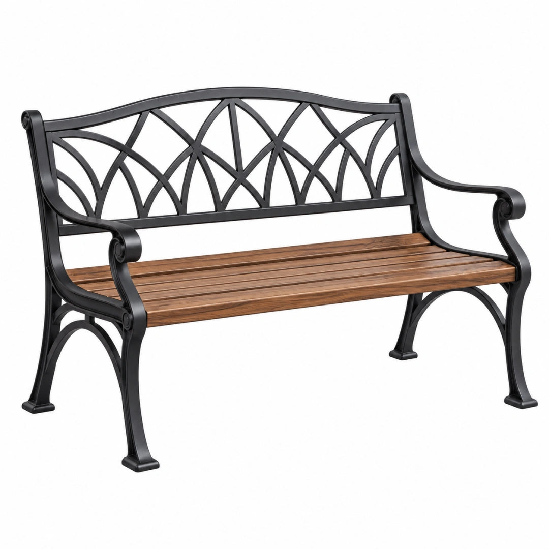 Banc de jardin 122 x 61 x 87 cm en métal noir et bois brun style classique - Trandorix
